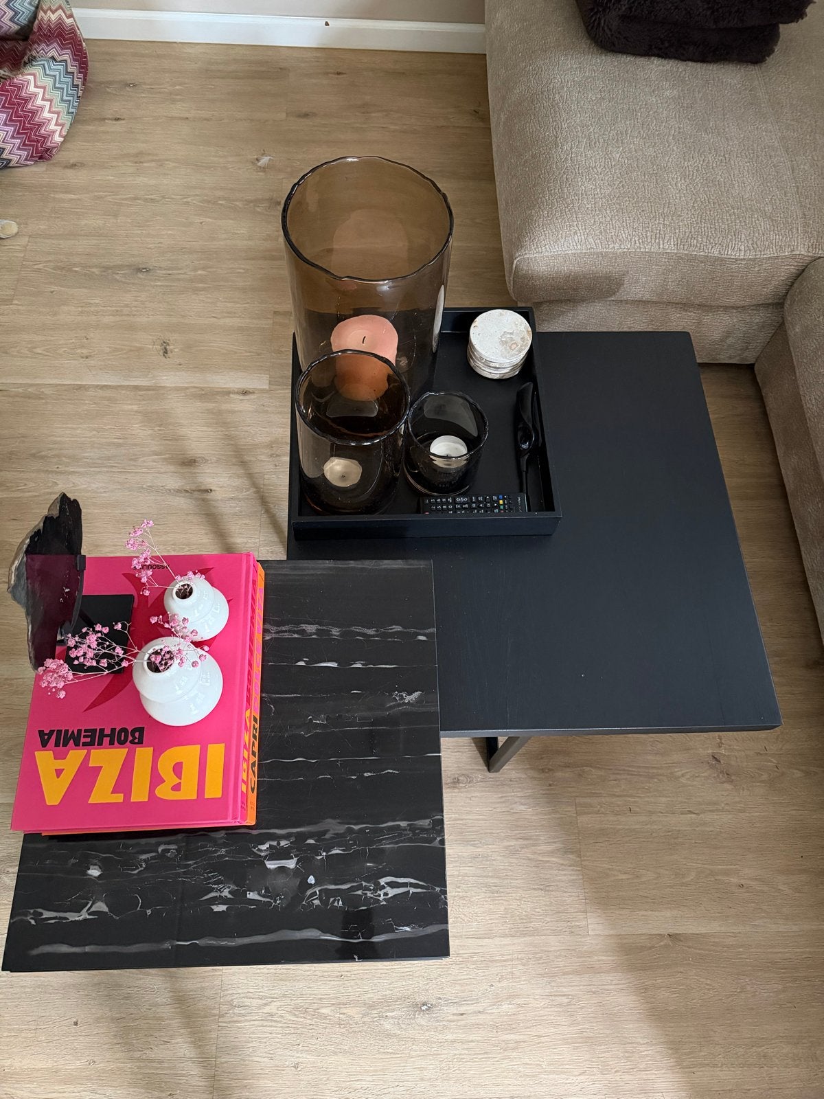 Set van 2 salontafels - Zwart met marmer, Ophalen, 50 tot 100 cm, Zo goed als nieuw, Metaal