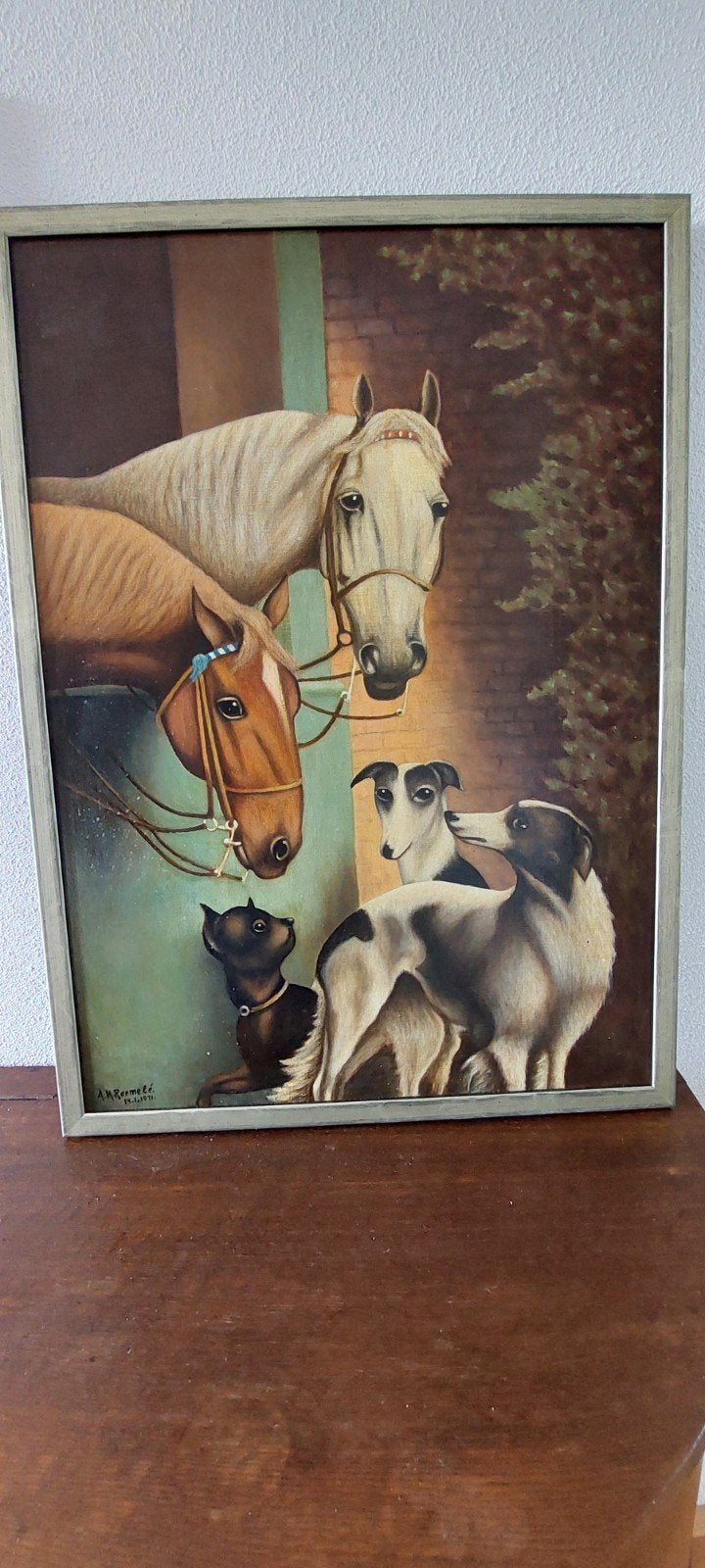 Olieverfschilderij 72x53 cm Paarden en Honden, gesigneerd, Ophalen, Doek, Dieren, Gesigneerd