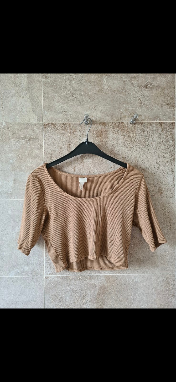 Ribgebreide crop top met korte mouwen - Maat L, H&M, Beige, Maat 42/44 (L), Ophalen of Verzenden