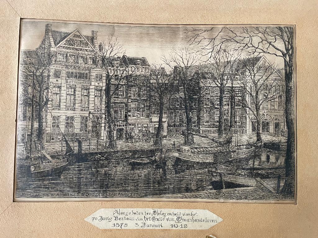 Ets Eugene Rensburg Graanhuis Wijnhaven 50 in Rotterdam, Antiek en Kunst, Ets, Stadsgezicht, 50 cm, Ophalen of Verzenden
