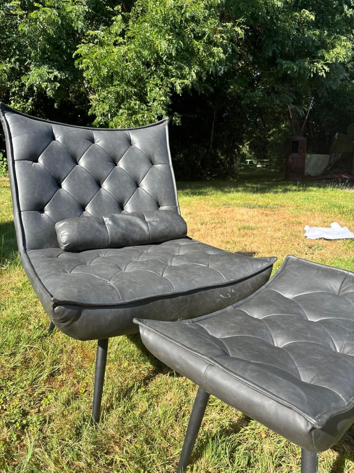 Lounge stoel met voetenbank - Zwart leer, Ophalen, Modern, Lounge, 100 tot 125 cm, Leer