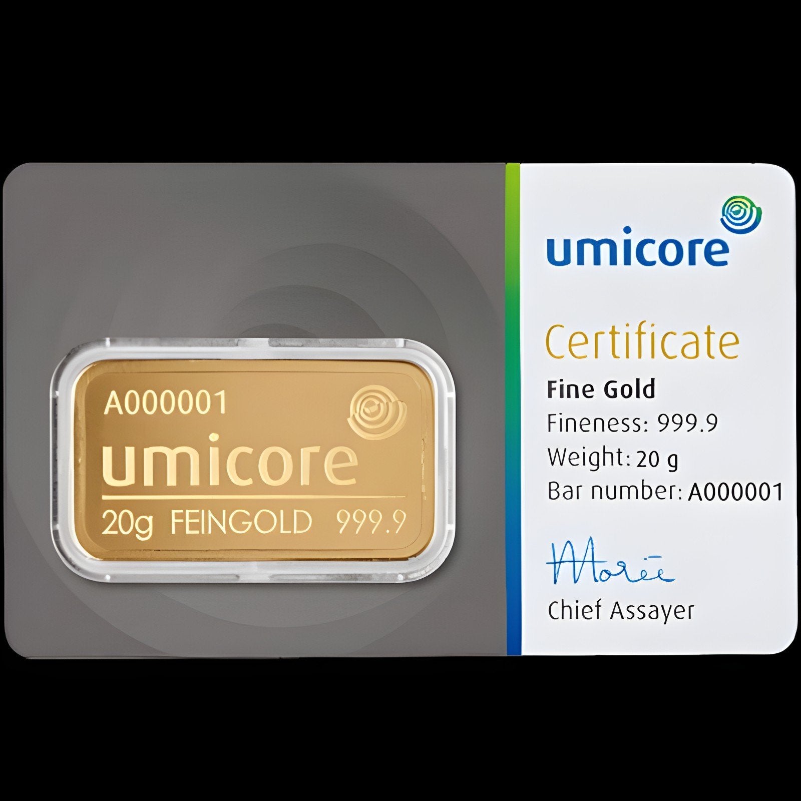 Umicore 20g Fijngoud 999.9 Goudbaar met Certificaat