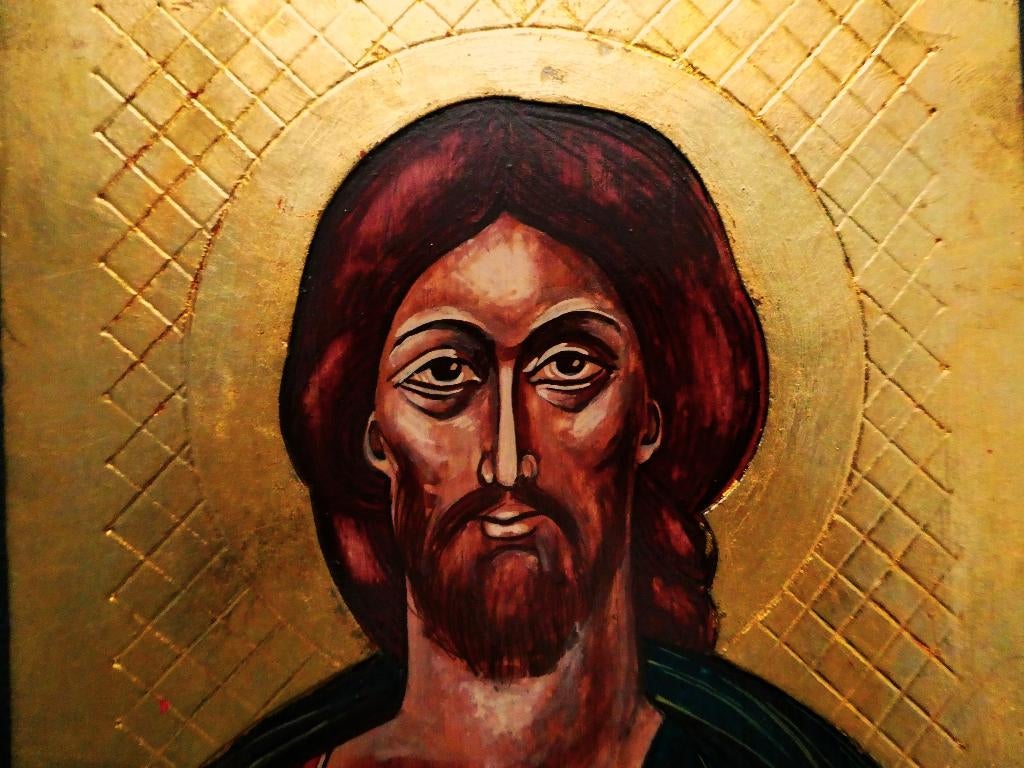 Icoon Jezus Christus Pantocrator handgeschilderd / bladgoud, Antiek en Kunst, Antiek | Religie, Ophalen of Verzenden
