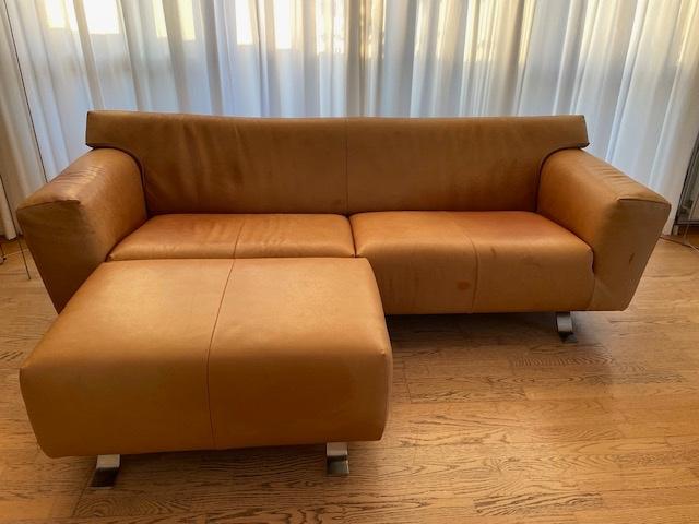 3 zitbank Label Santiago. Buffalo leer in cognac- kleur., Huis en Inrichting, Banken | Bankstellen, Ophalen, Modern design, Gebruikt
