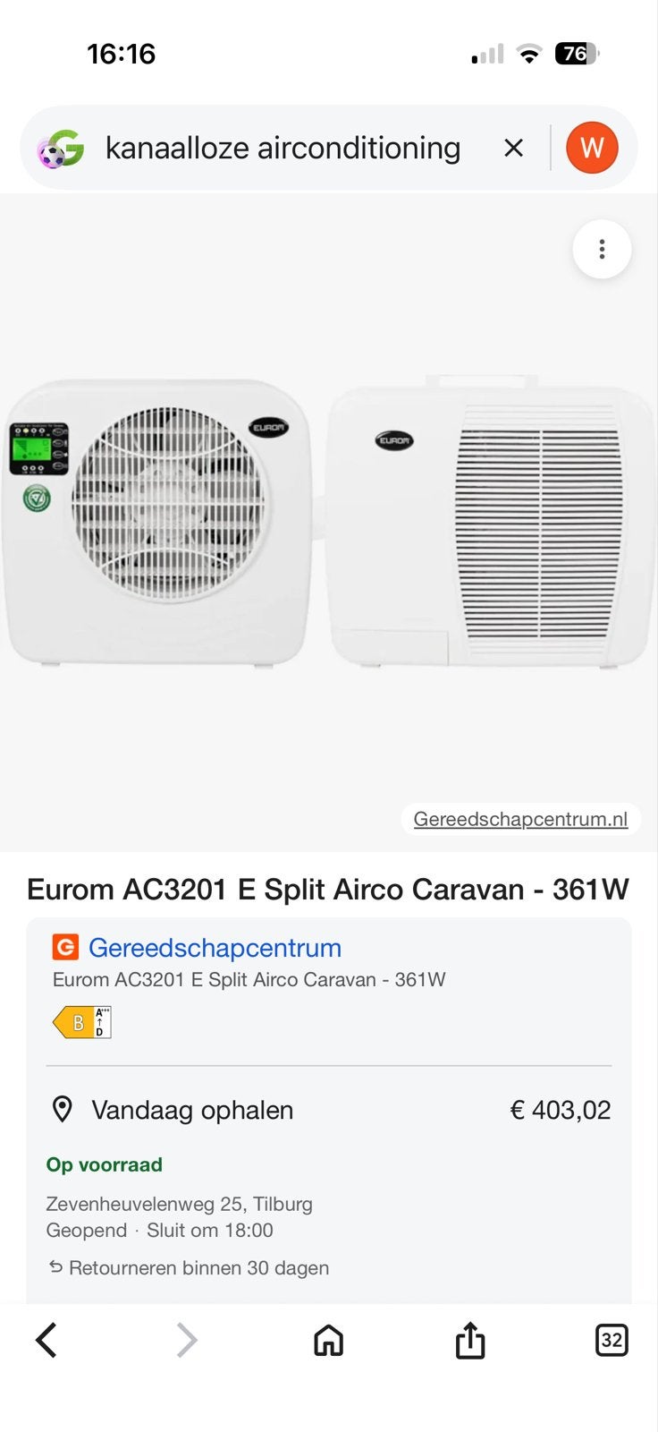 Eurom AC3201 E Split Airco Caravan - 361W, Minder dan 60 m³, 2 snelheden, Nieuw, Ophalen of Verzenden