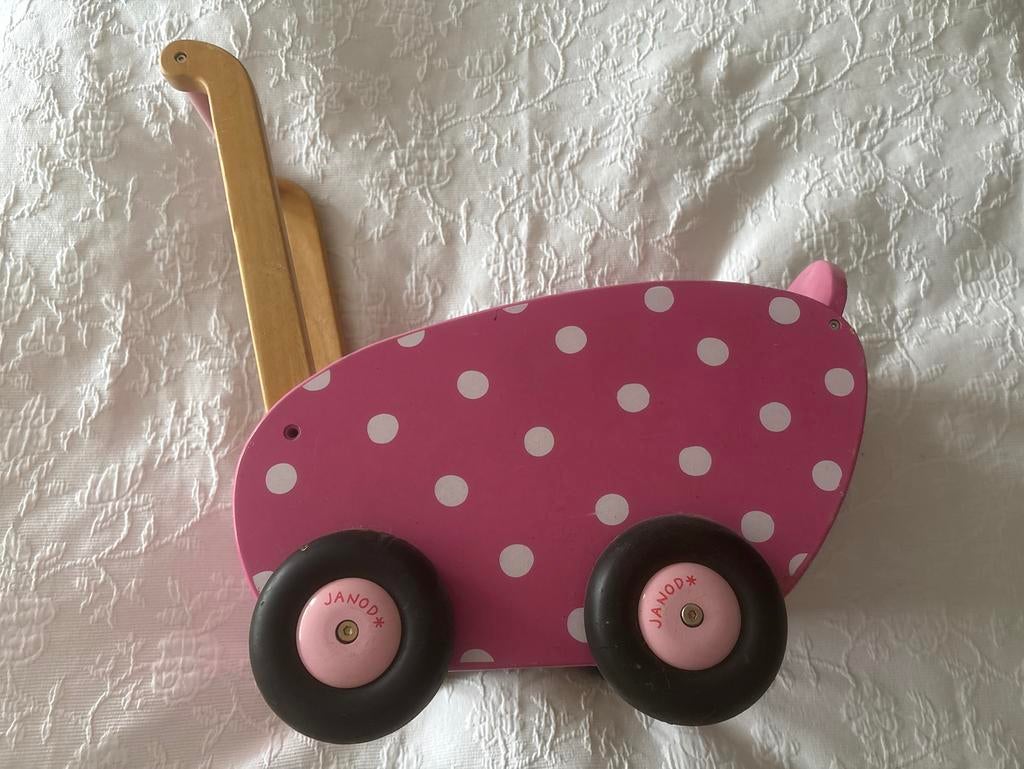 Janod Houten Loopwagen Roze met Witte Stippen, Kinderen en Baby's, Speelgoed | Houten speelgoed, Ophalen of Verzenden, Gebruikt