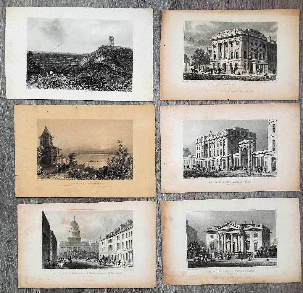 6 oude prenten waaronder Nijmegen Valkhofkapel- Edinburgh, Ophalen of Verzenden