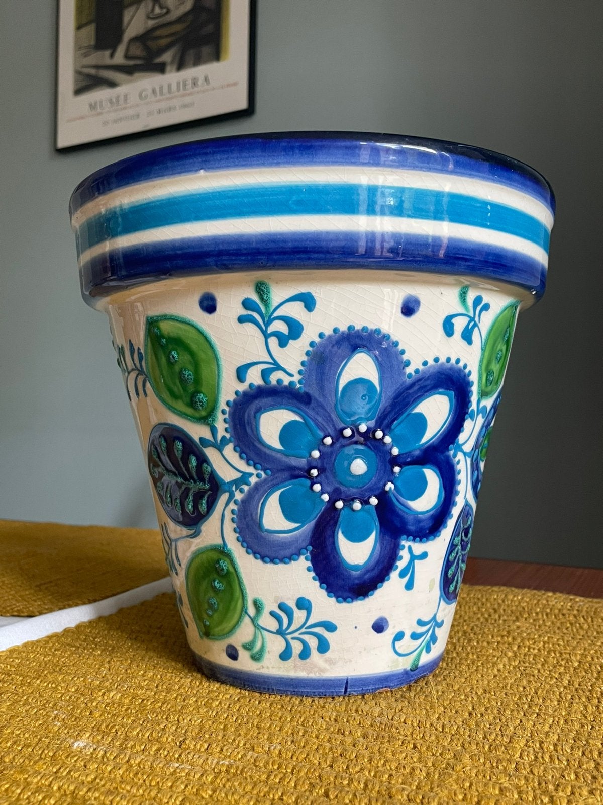 Portugese geglazuurde bloempot – Mediterrane vintage stijl, Tuin en Terras, Rond, Ophalen of Verzenden, Zo goed als nieuw, Tuin