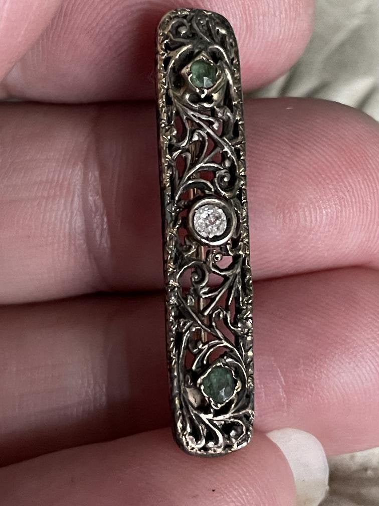 Antieke 18 karaat met zilveren broche smaragd en diamant, Ophalen of Verzenden, Goud, Broche