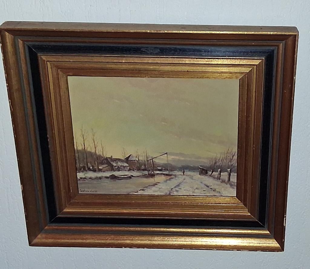Mooi oud wintergezicht schilderij op paneel, jaren '50, Ophalen of Verzenden