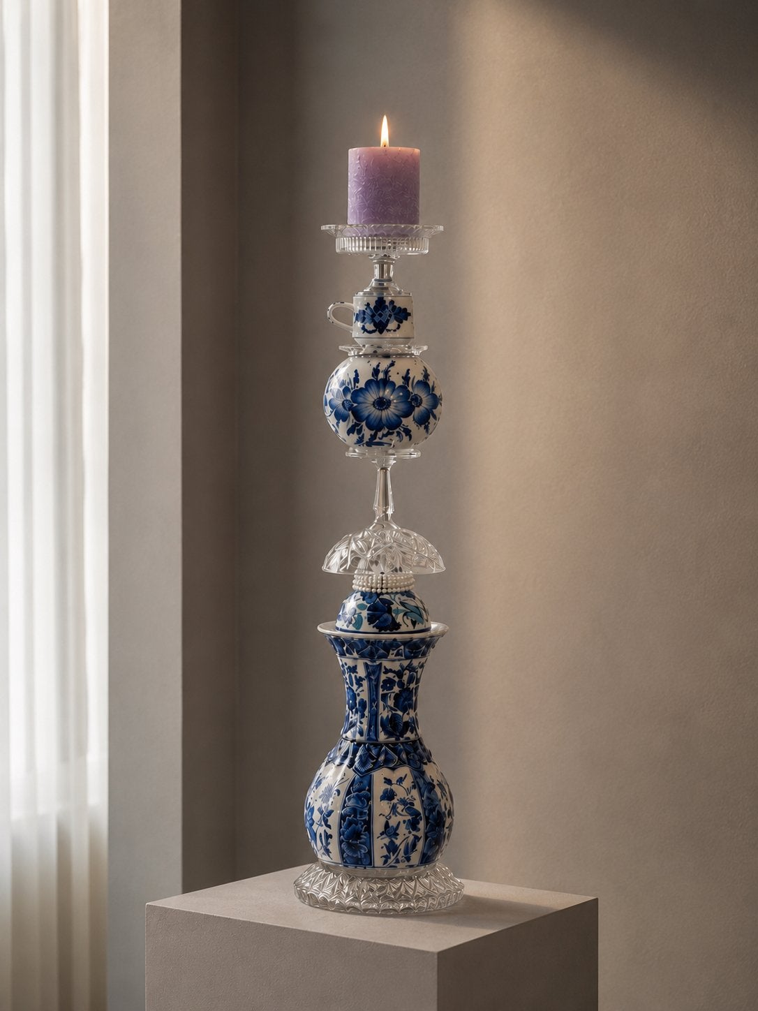 Unieke Handgemaakte Delfts Blauwe Kandelaar - 75 cm, Ophalen, Overige materialen, Blauw, Zo goed als nieuw