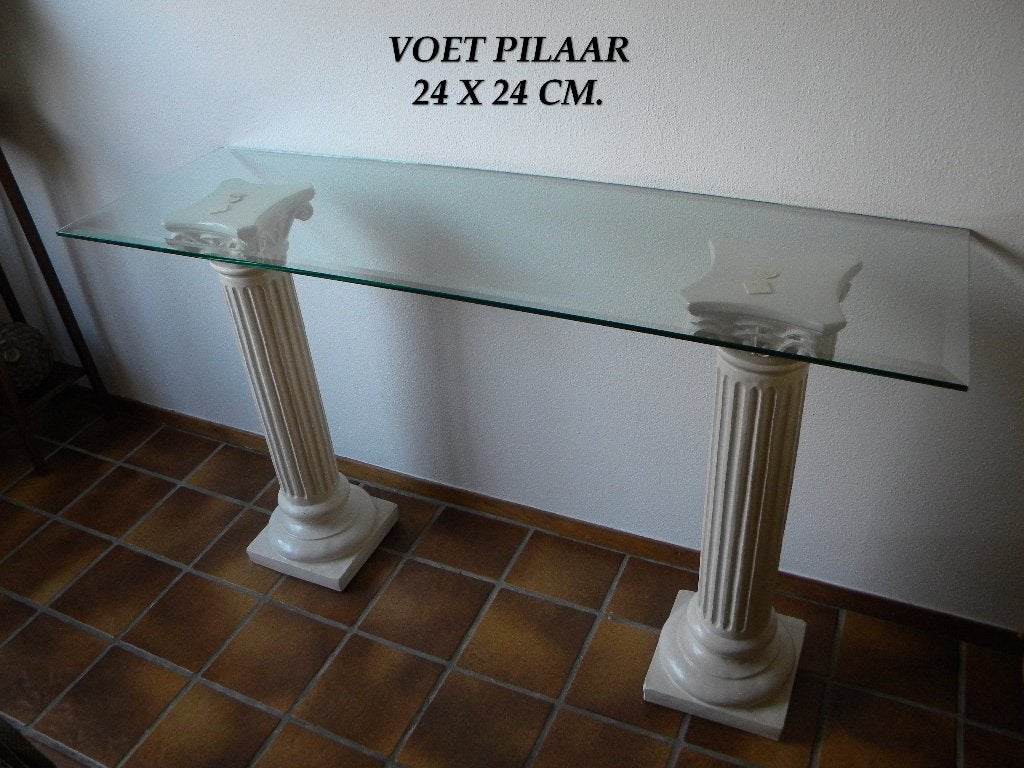 SIDETABLE, FACET GESLEPEN GLAZEN BLAD, ZUILEN GIPS, Ophalen, Gebruikt, 100 tot 150 cm, ROMANTISCH, KLASSIEK