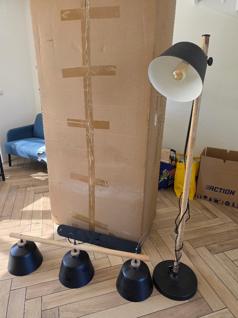 Industriële lampenset:vloerlamp + 3-lichts Hanglamp, Huis en Inrichting, Lampen | Overige, Ophalen, Zwart, Industrieel, Zo goed als nieuw