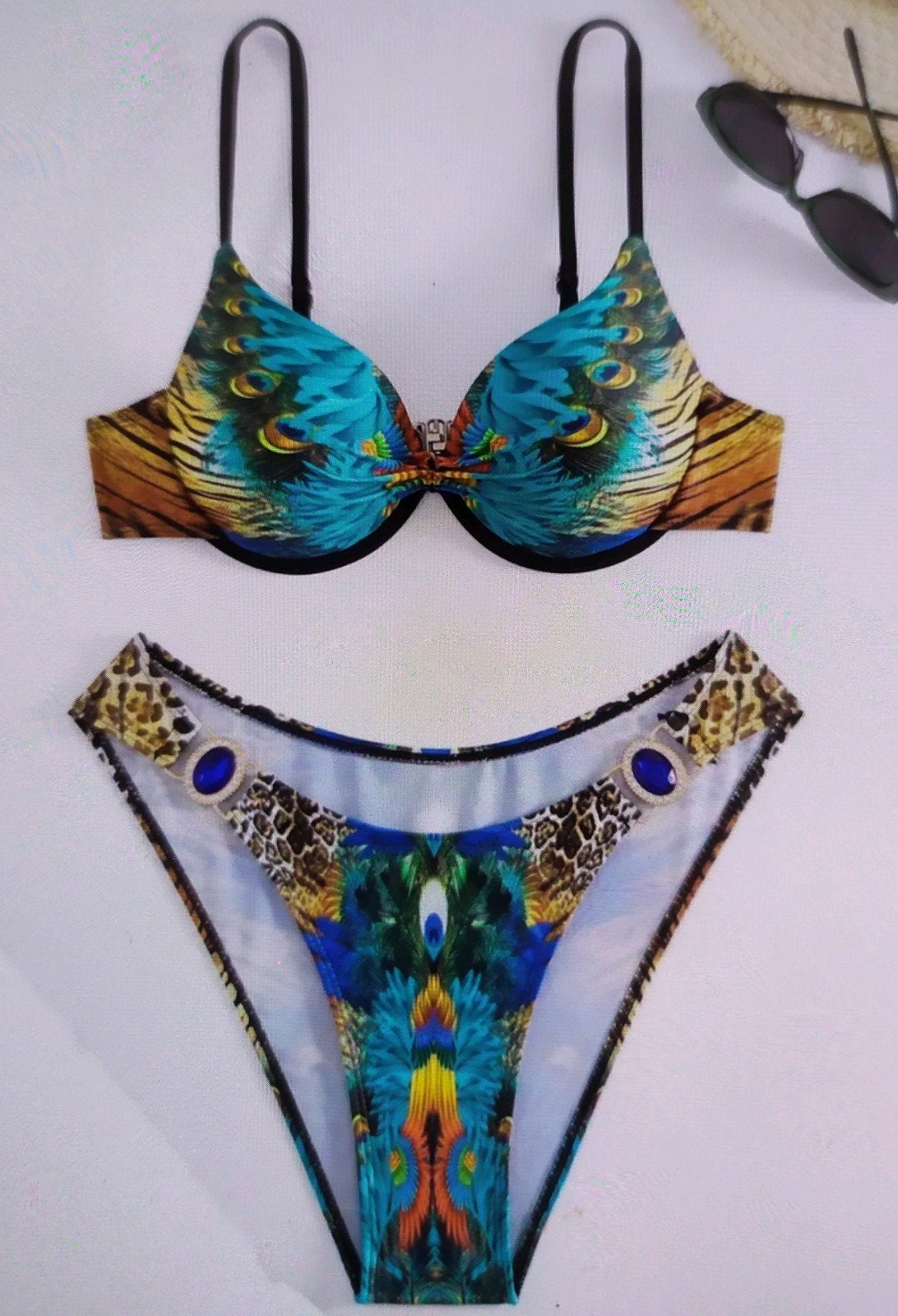 Bikini met Pauwenverenprint en Luipaarddetails - Maat L, Ophalen of Verzenden, Nieuw, Meerkleurig, Bikini