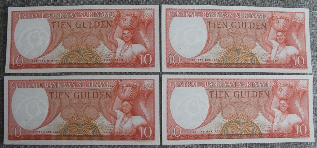 4x 10 gulden suriname nummers opv. UNC, Ophalen of Verzenden, Midden-Amerika, Setje