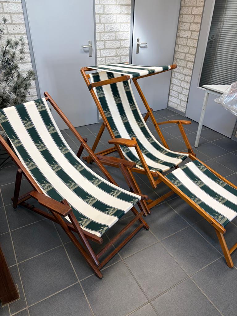 Set van 2 vintage houten tuinstoelen met zonneklep, Ophalen, Gebruikt, Hout, Inklapbaar