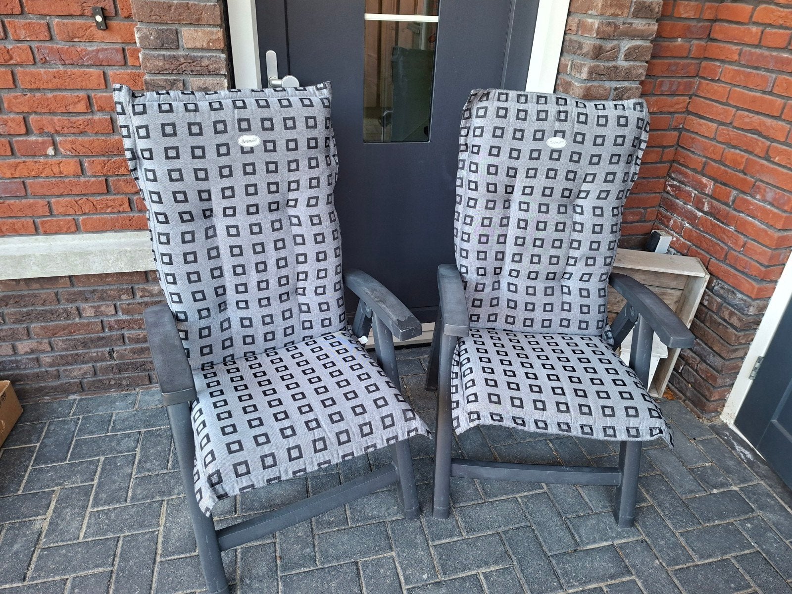 2 Hartman verstelbare tuinstoelen met kussens, Ophalen, Gebruikt, Kunststof, Verstelbaar