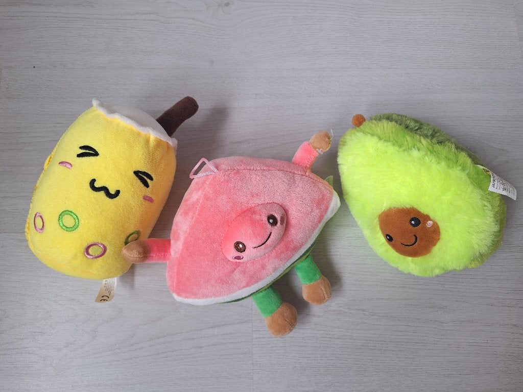Set van 3 knuffels: bubble tea, watermeloen en avocado, Overige merken, Overige karakters, Overige typen, Ophalen of Verzenden