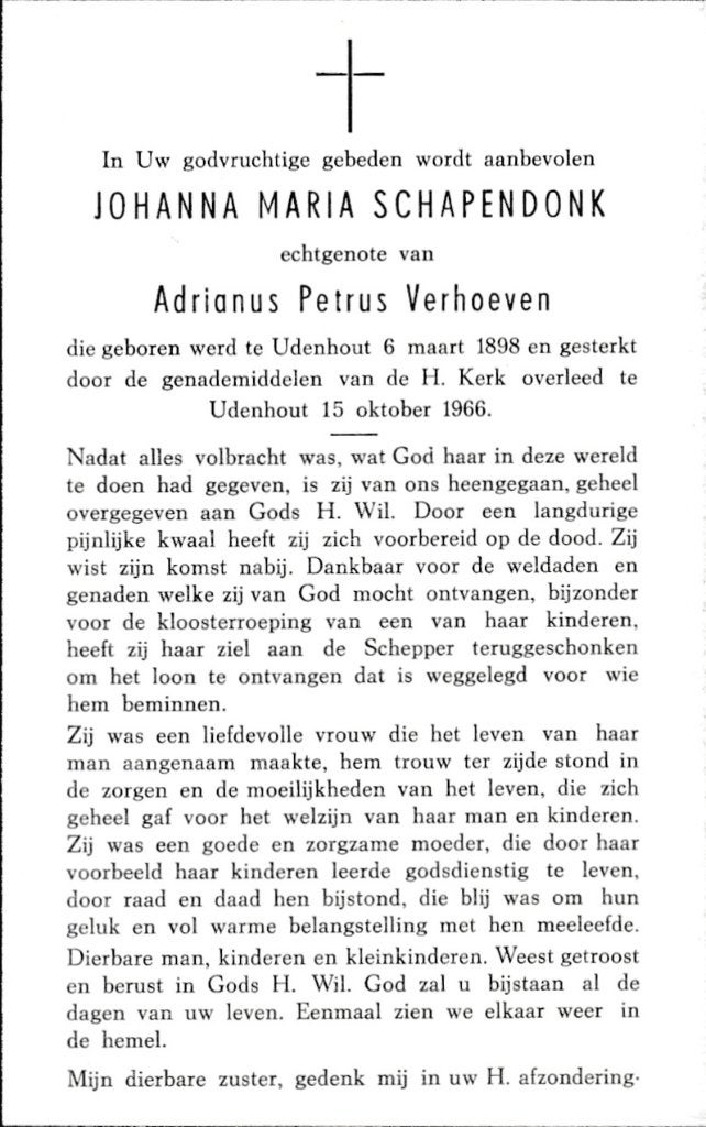 Schapendonk Johanna 1898 Udenhout 1966, Ophalen of Verzenden, Bidprentje