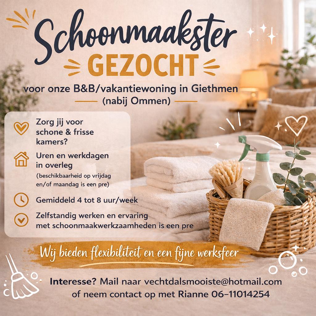 Vacature Schoonmaakster B&B / Vakantiewoning Giethmen, Tot en met 24 uur, Overige niveaus, Vanaf 3 jaar, Overige vormen