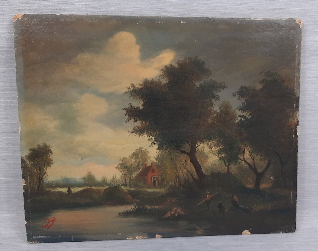 Antiek olieverf schilderijtje op paneel., Oud hollands, Ophalen of Verzenden, Landschap, Olieverf