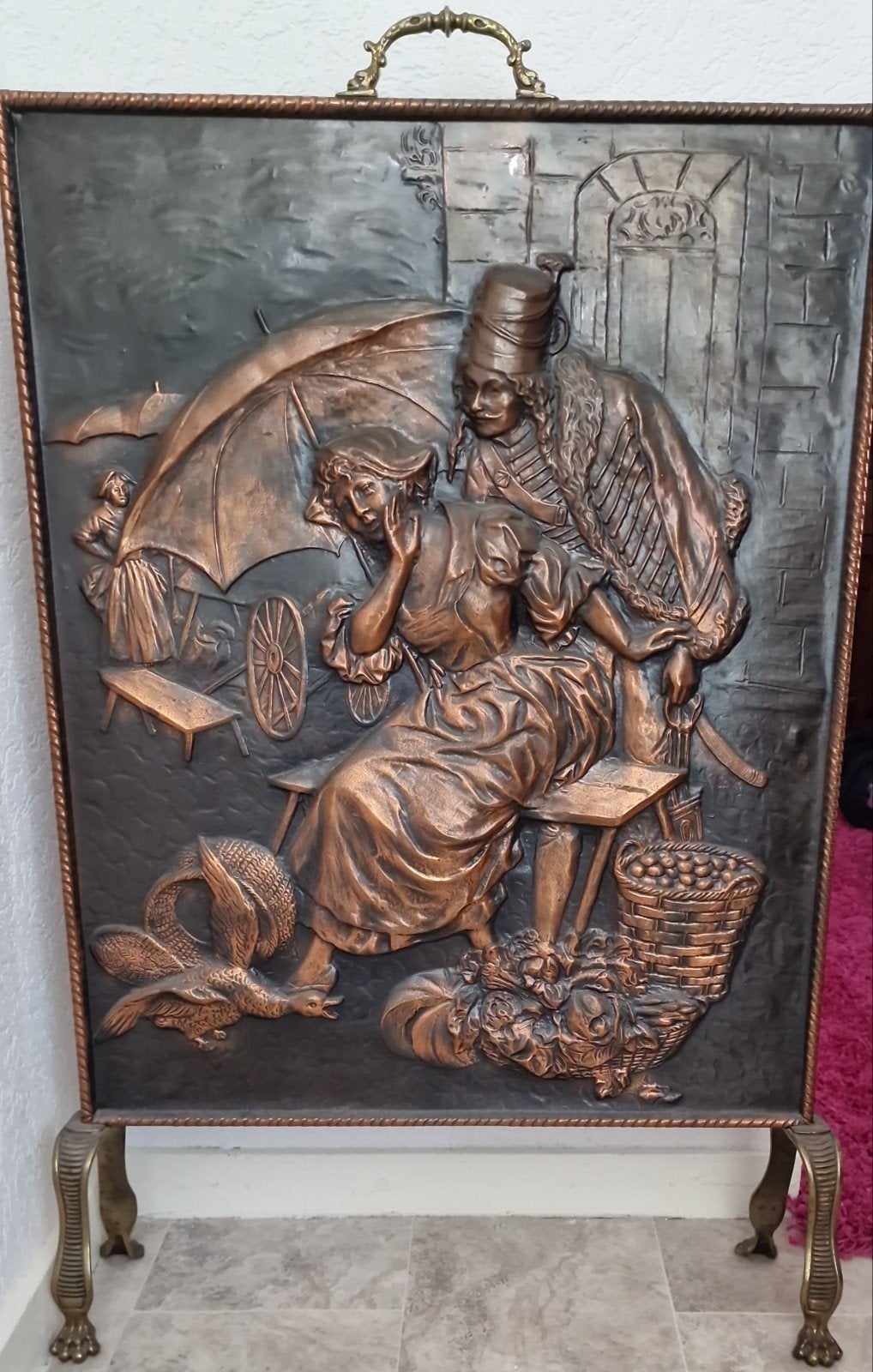 Antiek koperen haardscherm met reliëfscène, Ophalen of Verzenden