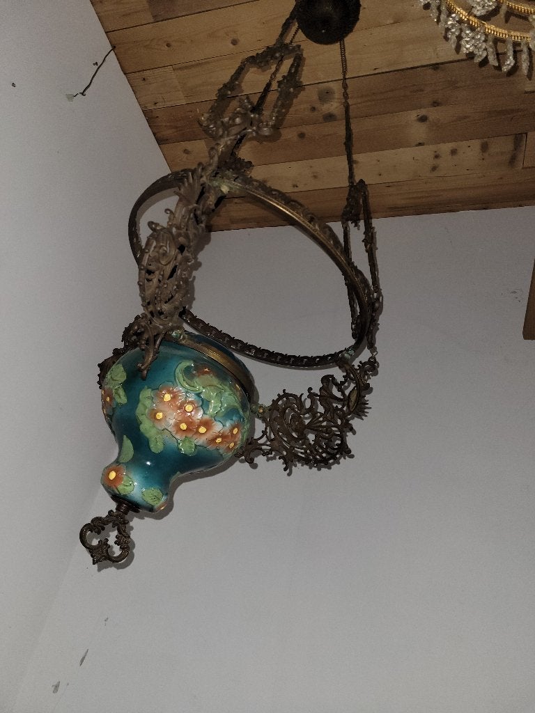 antieke hangende olielamp of petroleumlamp, Ophalen of Verzenden
