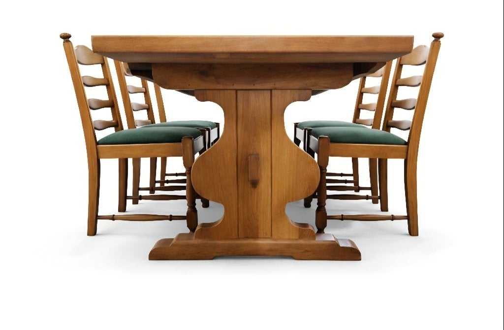 Robuuste eikenhouten kloostertafel met 6 ladderbackstoelen, Ophalen, Gebruikt, Eikenhout, 200 cm of meer