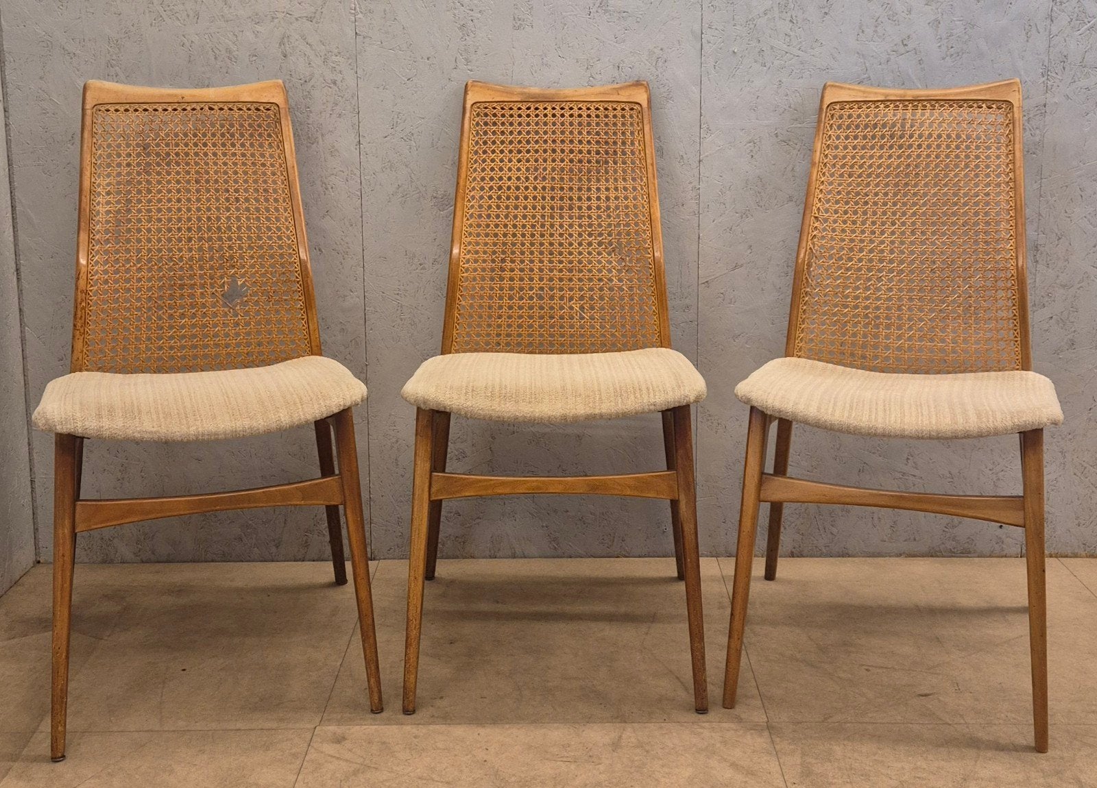 3x Benze design eetkamerstoelen met rotan rugleuning, Ophalen, Gebruikt, Bruin, Benze Sitzmöbel