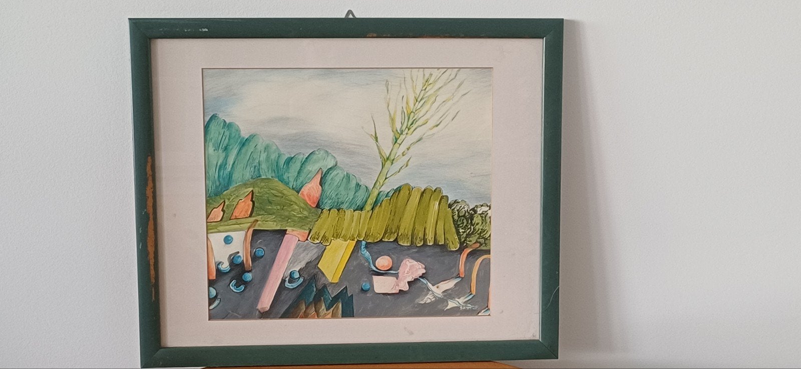 Abstract Landschap Schilderij in Groen Frame, Antiek en Kunst, Ophalen of Verzenden