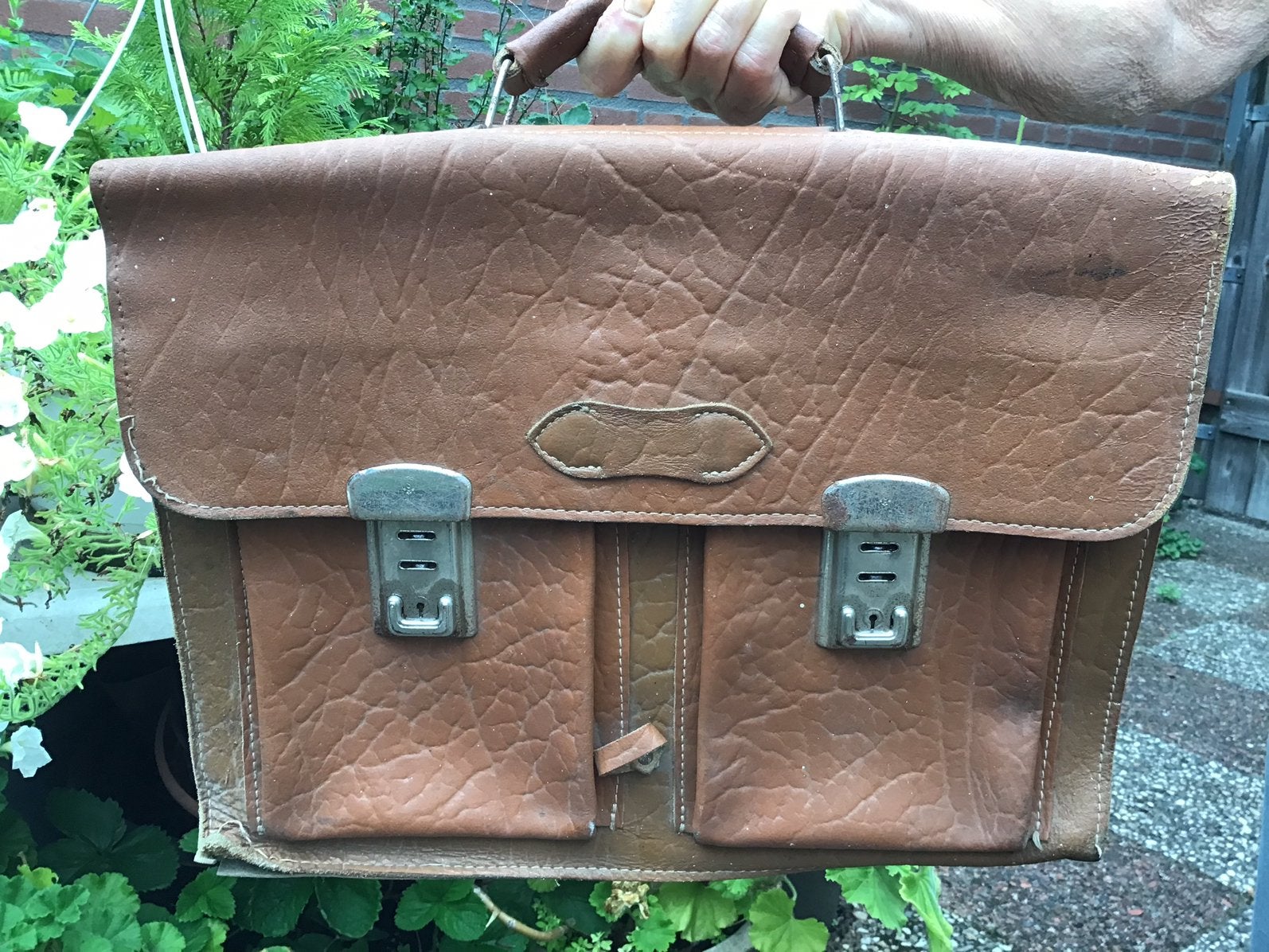 Vintage  lederen schooltas., Gebruikt, Bruin, Overige typen, Leer