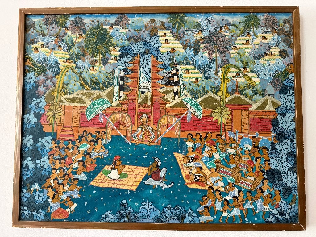 Balinese Batuan style painting ceremonial pool, Antiek en Kunst, Kunst | Schilderijen | Klassiek, Ophalen, Doek, Tekening, Overige onderwerpen