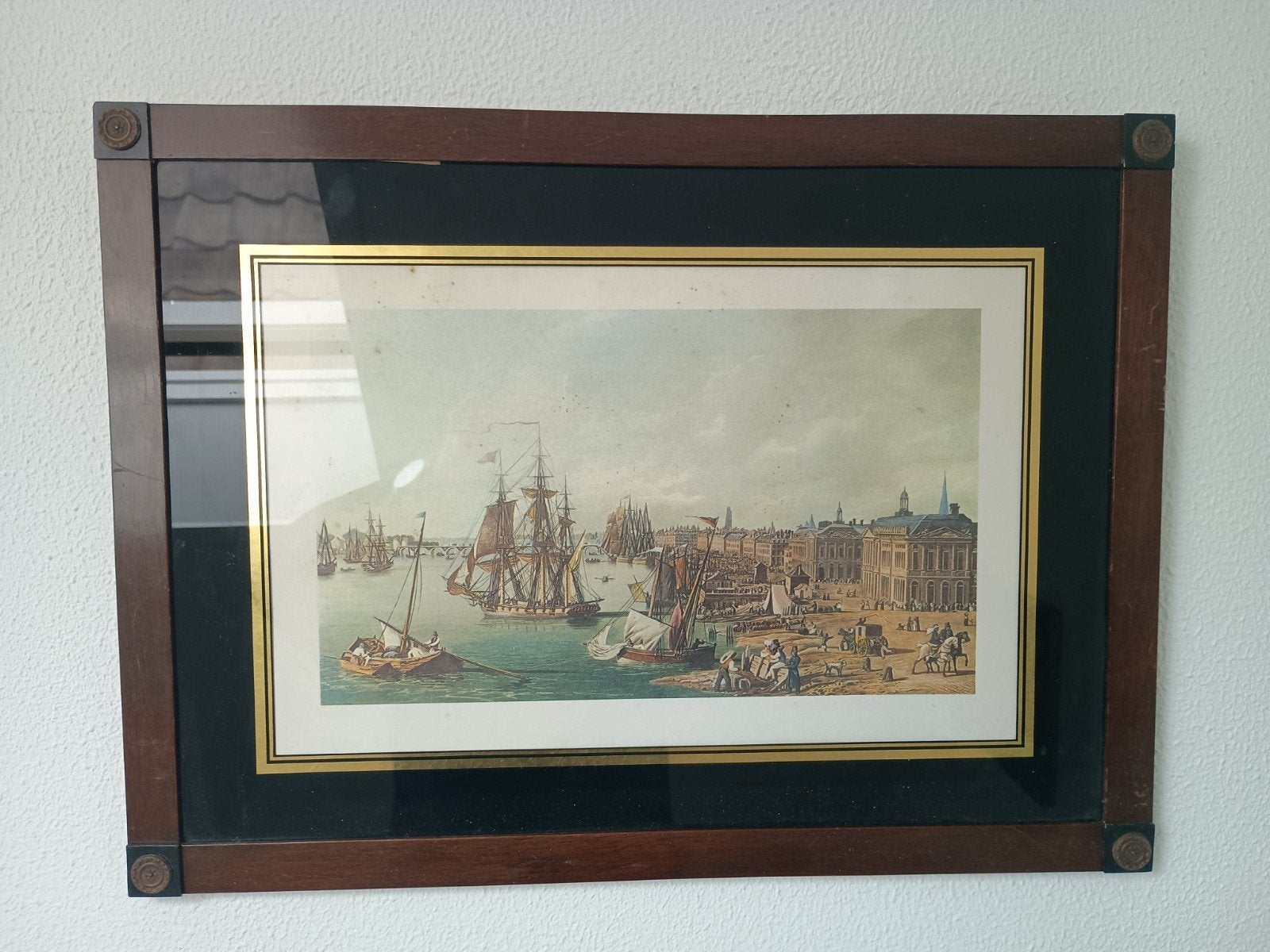 Prent van Lissabon in de 18 eeuw passepartout houten lijst, Antiek en Kunst, Kunst | Schilderijen | Klassiek, Ophalen of Verzenden