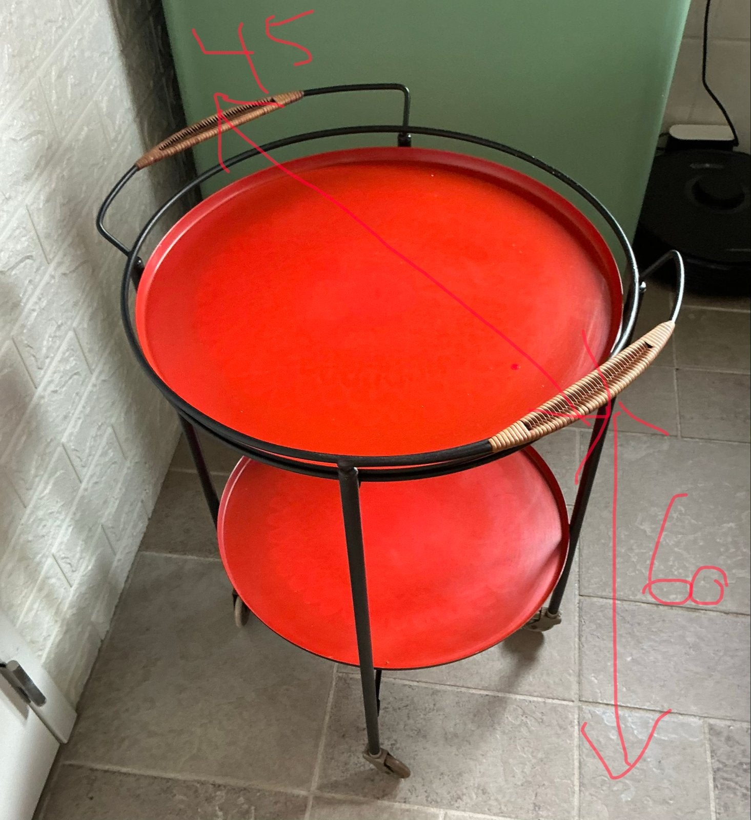 Vintage Mid-Century Serveerwagen / Dranktrolley Jaren 60/70, Minder dan 55 cm, Gebruikt, Metaal of Aluminium, Rond
