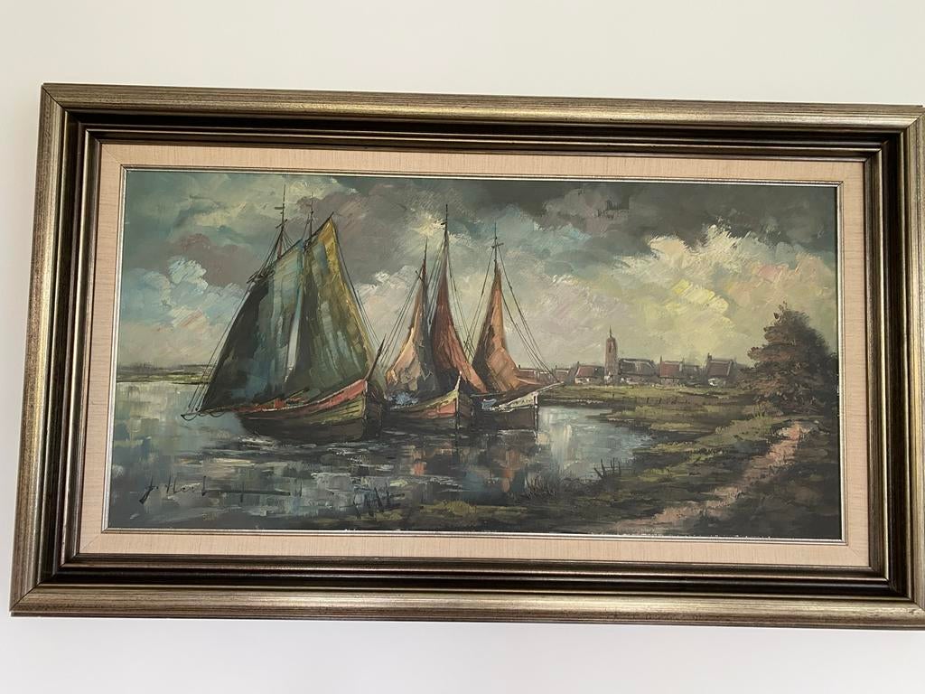 Olieverfschilderij: Zeilboten bij Zeeuws dorp, Ophalen