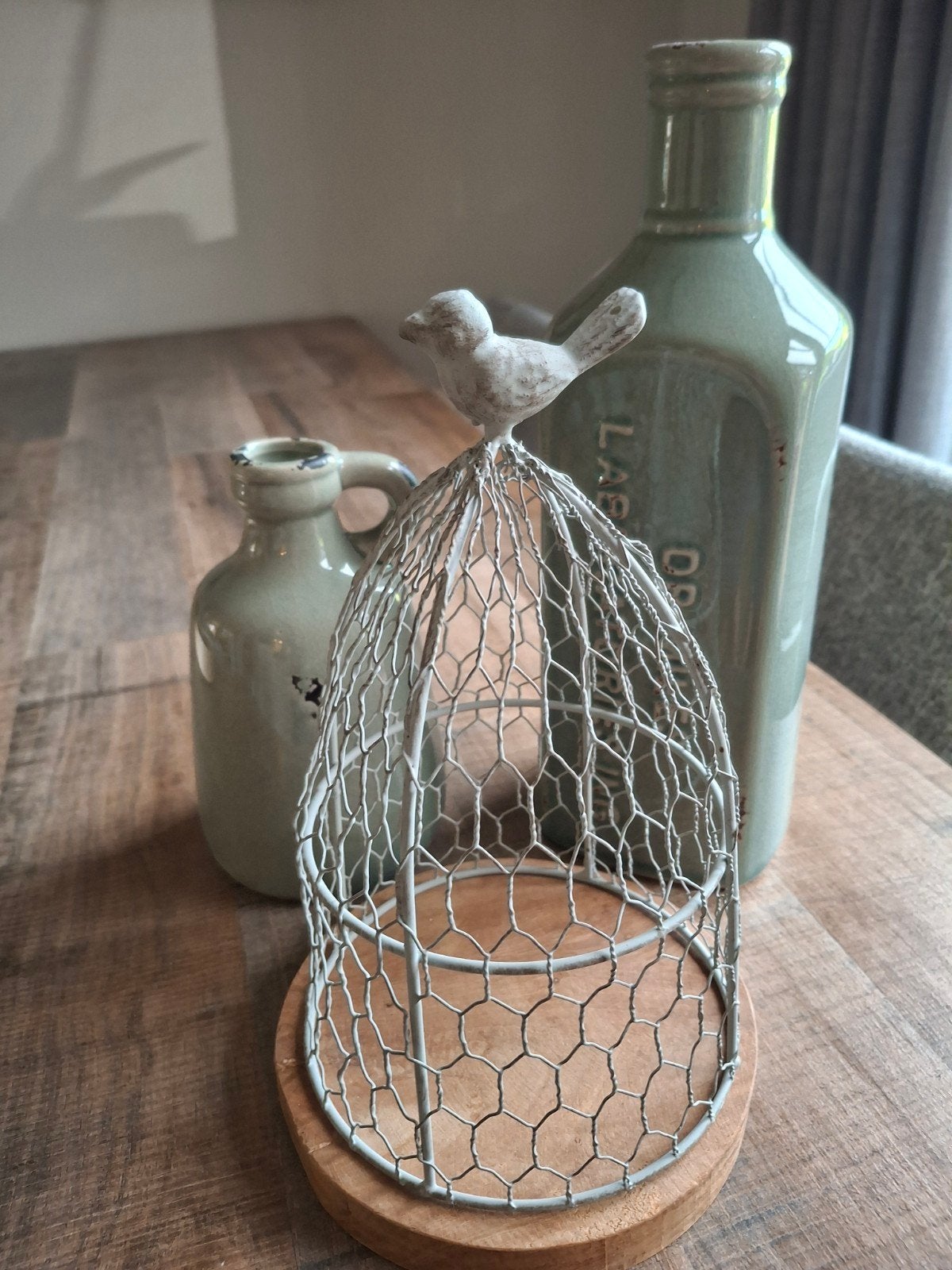 Decoratieve flessen en vogelkooi set, Groen, Vintage, Ophalen of Verzenden, Zo goed als nieuw