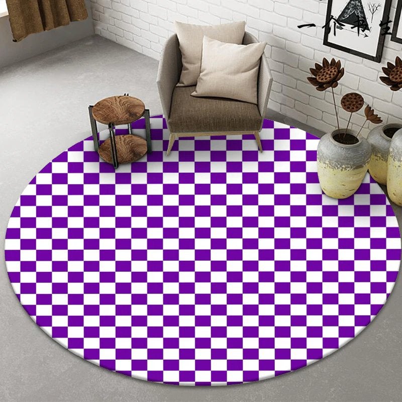 Paars Wit Geblokt Rond Vloerkleed / Kleed Tapijt Dambord, Verzenden, Rond, Wit, Zo goed als nieuw