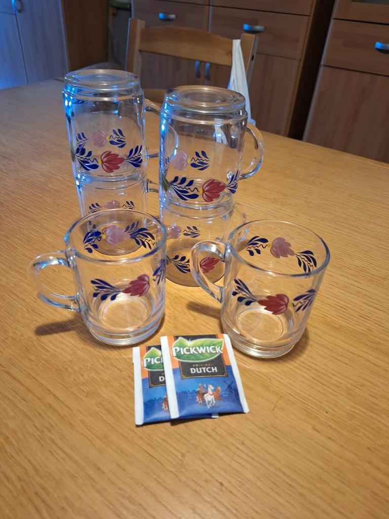 6 boerenbont theeglazen, Ophalen of Verzenden