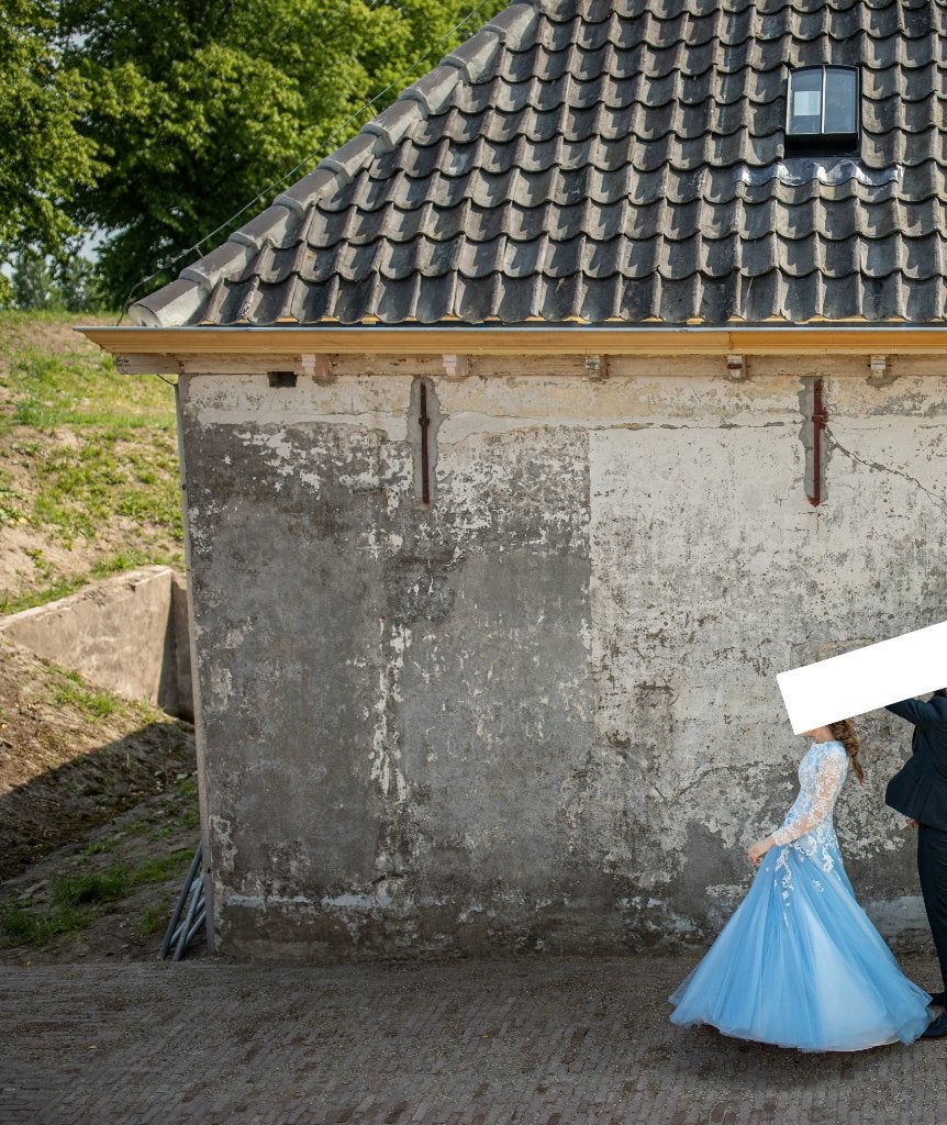 frisse tijdloze witte trouwjurk bruidsjapon blauwe tule kant, Ophalen of Verzenden, Zo goed als nieuw, Wit, Trouwjurk