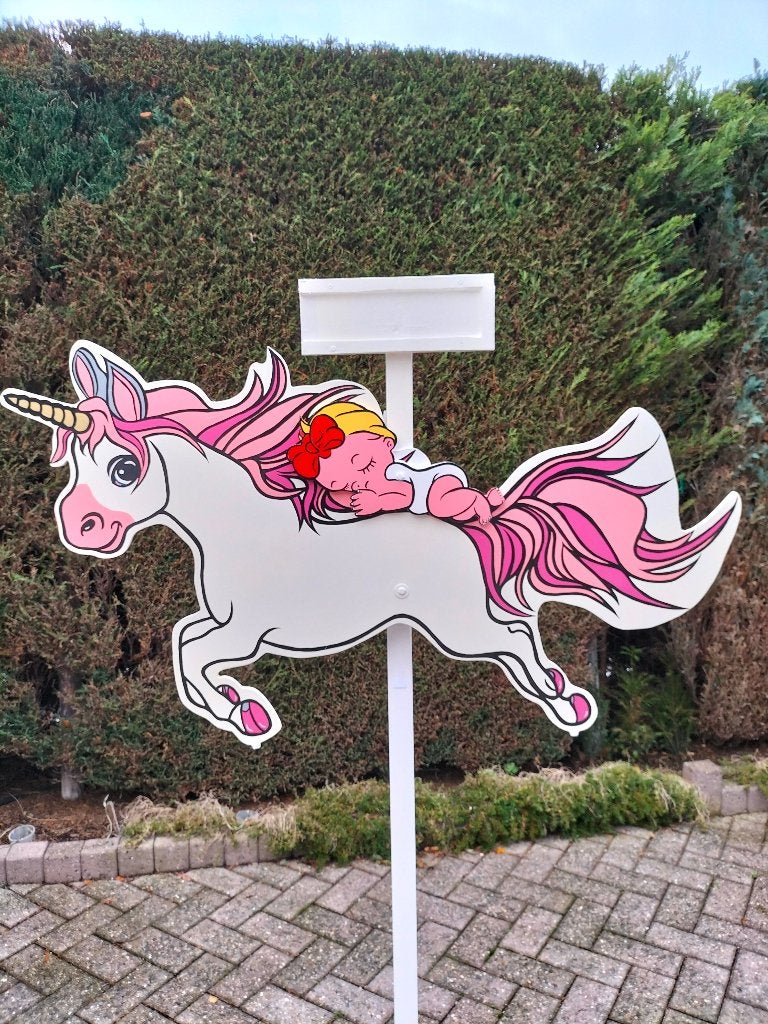 Geboortebord baby met beertje op schattig roze paardje, Ophalen, Nieuw, Geboortebord