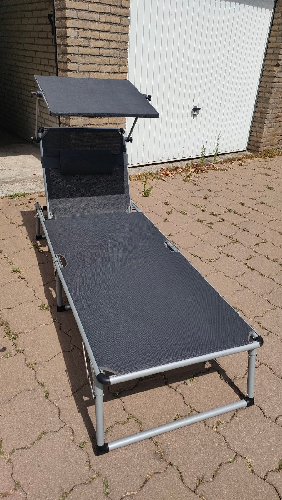 2 Stuks Verstelbare ligbedden  met zonnescherm - Grijs, Ophalen, Zo goed als nieuw, Aluminium, Verstelbaar