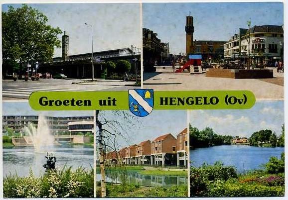 Groeten uit Hengelo (Ov.) (met o.a. station), Verzamelen, Ansichtkaarten | Nederland, Ophalen of Verzenden, Gelopen, Overijssel