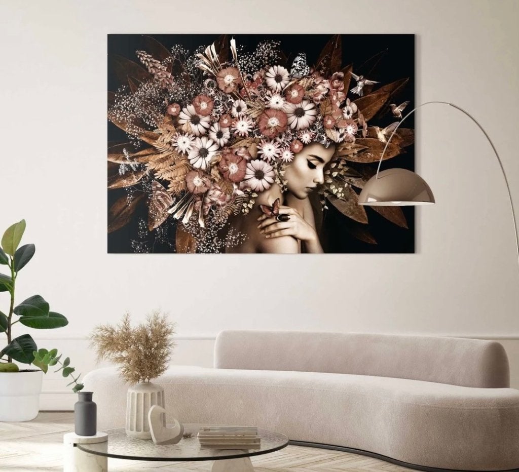 Schilderij vrouw met bloemen 140x100 cm met zwarte lijst., Ophalen, 125 cm of meer, Zo goed als nieuw, Schilderij