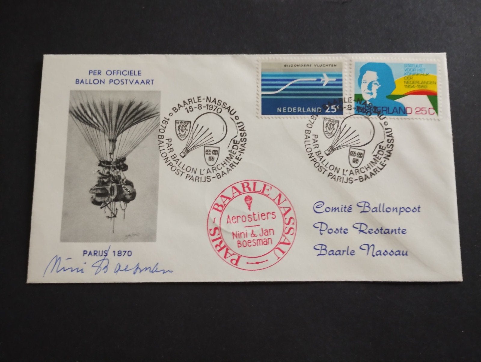 Envelop Comite Ballonpost Baarle Nassau Parijs 1970., Ophalen of Verzenden