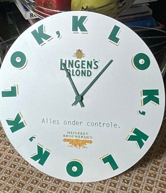 Lingen's Blond Wandklok Heineken 27 cm, werkt niet., Ophalen of Verzenden, Gebruikt, Heineken