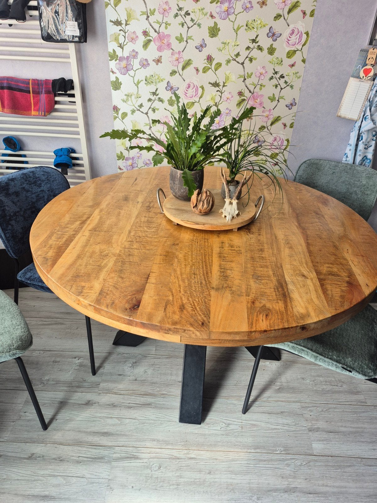 Mangohouten ronde eettafel - 140cm doorsnede, Rond, Ophalen of Verzenden, Zo goed als nieuw, Vijf personen of meer
