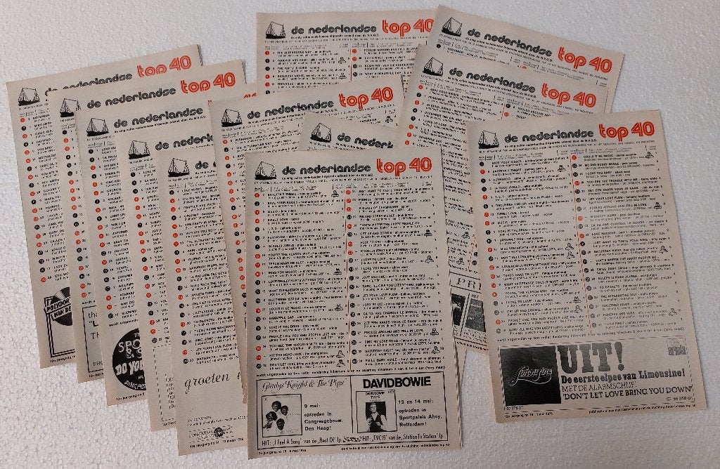 12 x Top 40 velletjes Radio Veronica 1976 Bowie Kiss Elvis, Verzamelen, Muziek, Artiesten en Beroemdheden, Gebruikt, Top 40, Ophalen of Verzenden