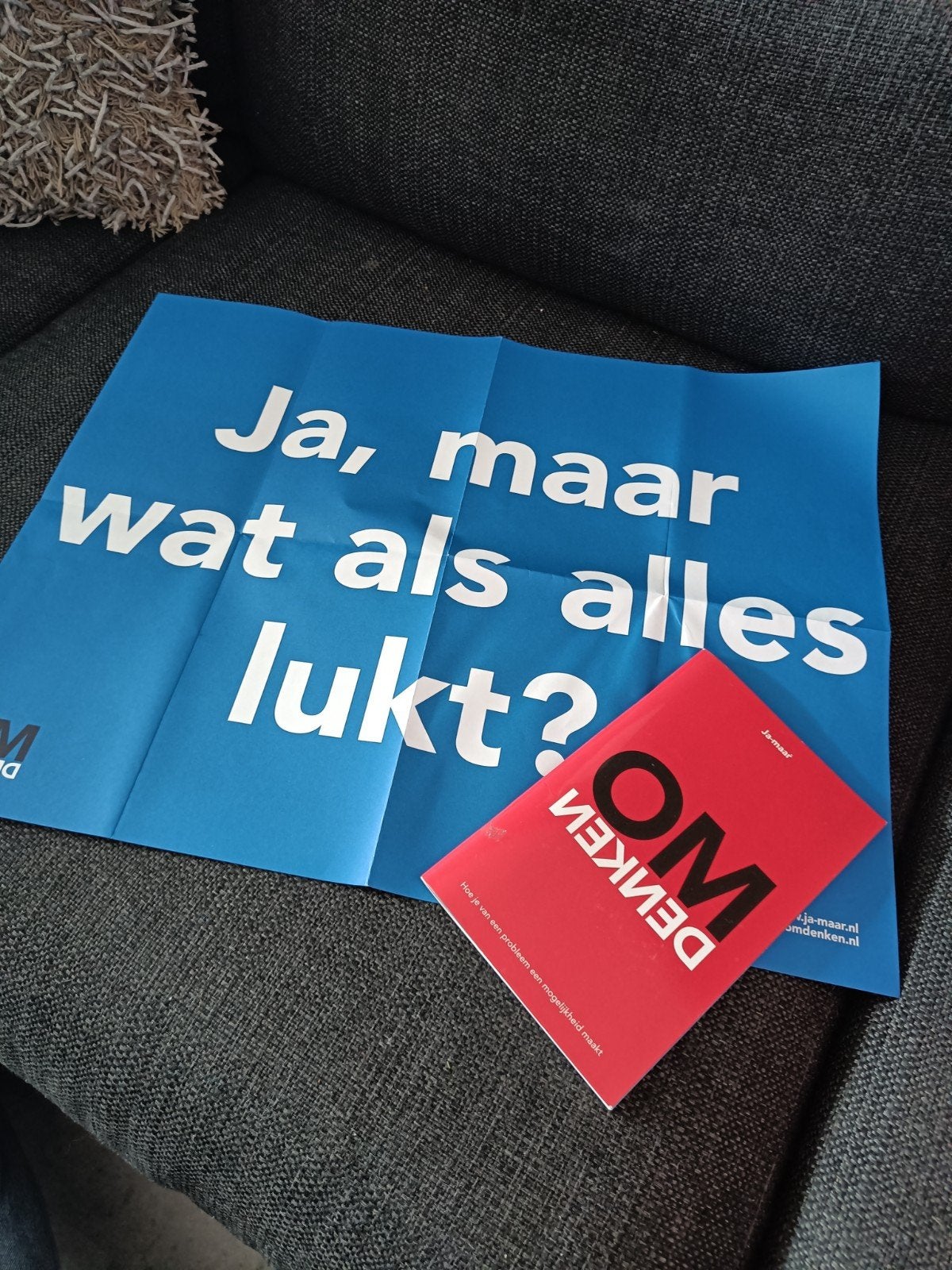 Boek 'Omdenken' met poster 'Ja, maar wat als alles lukt?', Boeken, Advies, Hulp en Training, Zo goed als nieuw, Ophalen of Verzenden