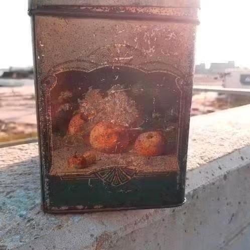 Vintage metalen blik met fruit afbeelding, Ophalen of Verzenden