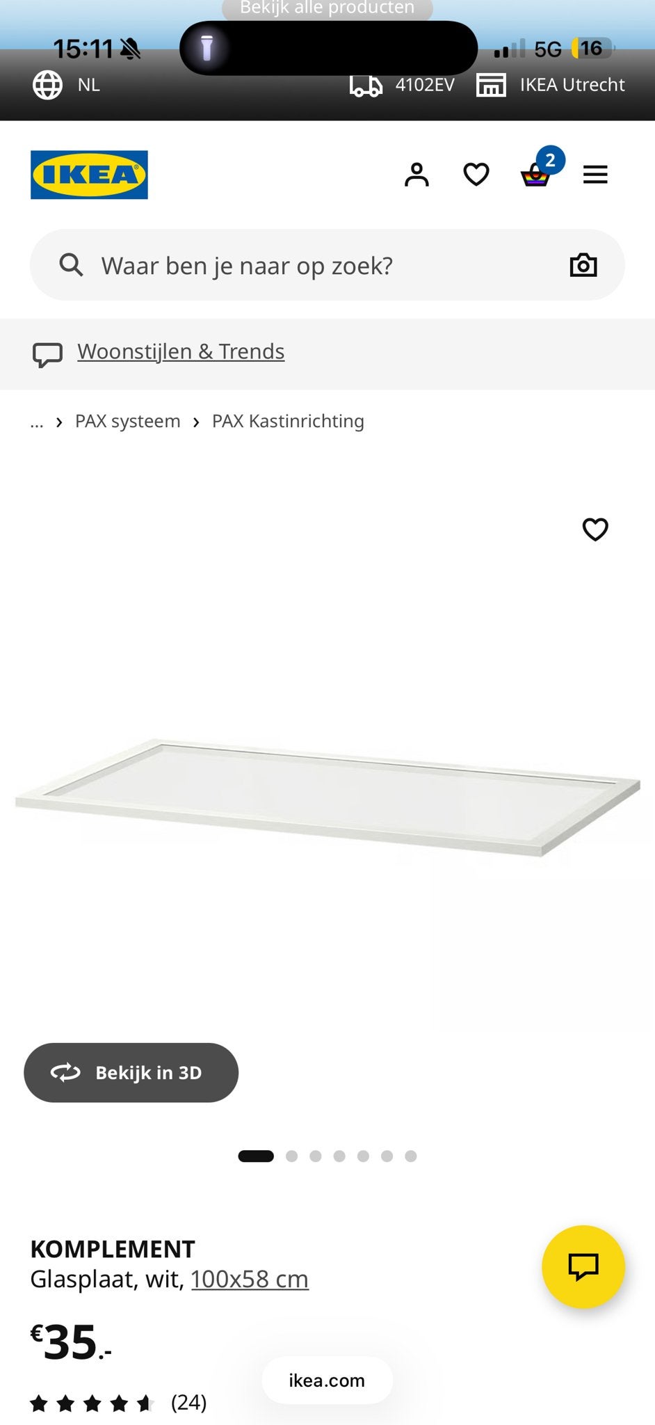 IKEA KOMPLEMENT Glasplaat wit 100x58 cm 2 stuks, Ophalen, Zo goed als nieuw